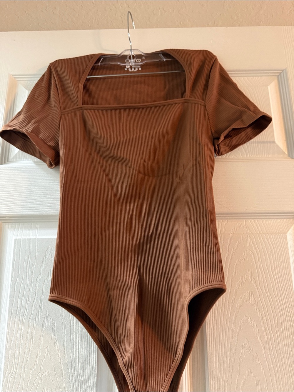 Brown Ribbed Square-Neck Women's Bodysuit
